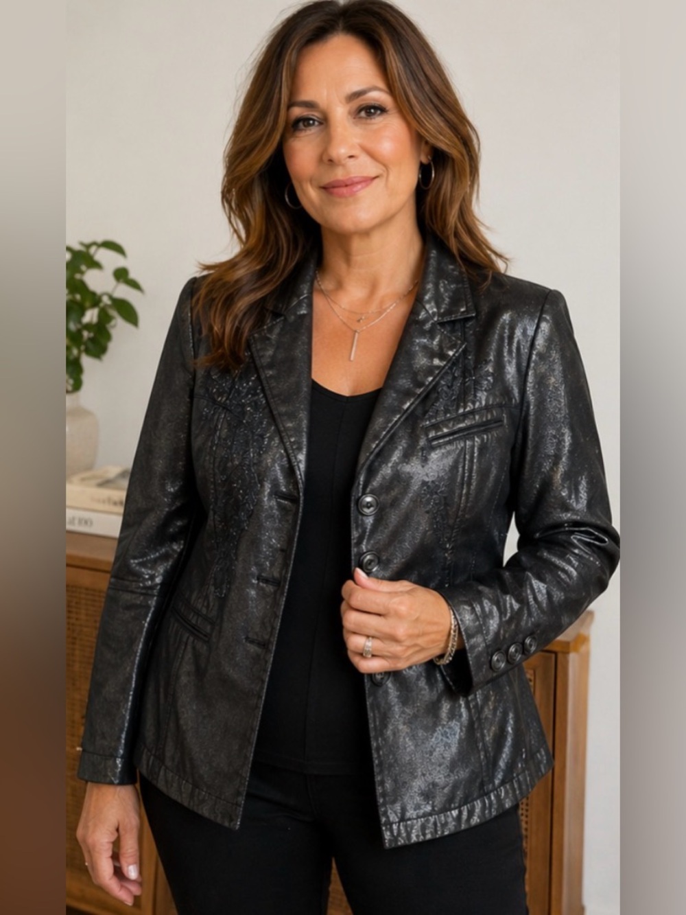 Coldwater Creek Black Denim Jacket Size 14 Metallic Sheen Embroidered Blazer